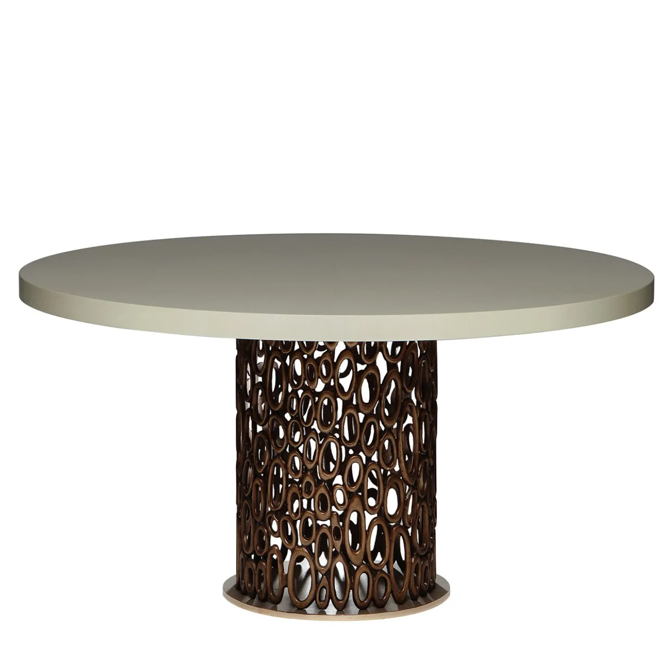 Tavolo da pranzo New Moon con piano rotondo in matt naturale e base rotonda in bronzo