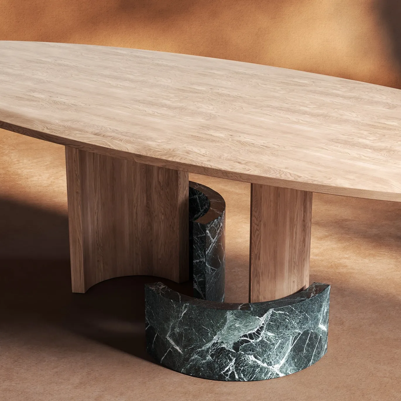 Tavolo da pranzo ovale Ellipse in legno e marmo verde