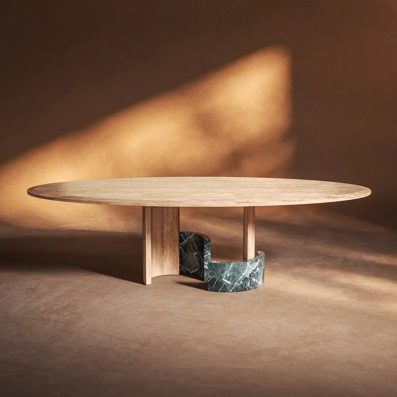 Tavolo da pranzo ovale Ellipse in legno e marmo verde
