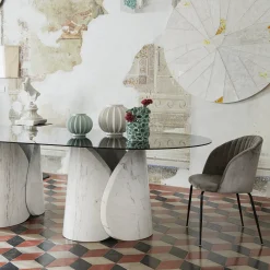 Tavolo da pranzo Petalo in marmo Palissandro con piano in vetro fumé