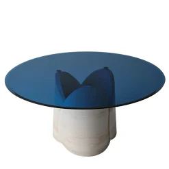 Tavolo da pranzo Petalo in Onice Avorio con piano in vetro blu Cina