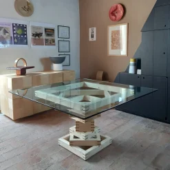 Tavolo da pranzo quadrato Corinto in vetro e legno di abete