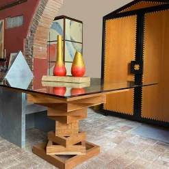 Tavolo da pranzo quadrato Corinto in vetro e legno di ciliegio