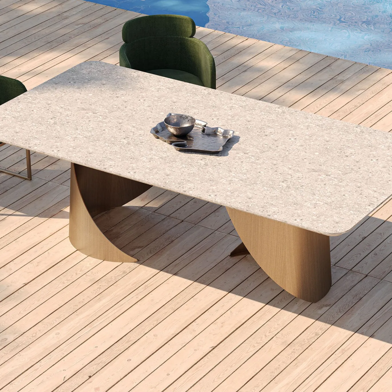 Tavolo da pranzo rettangolare in ceramica dorata Tholos con doppie gambe