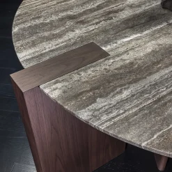 Tavolo da pranzo rotondo Antinomia T con base in legno impiallacciato marrone e piano in marmo