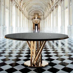 Tavolo da pranzo rotondo Contemporary Glory in marmo nero e ottone dorato
