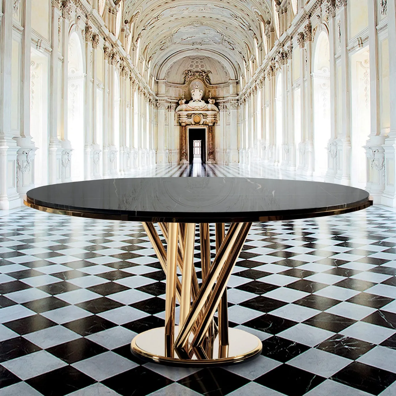 Tavolo da pranzo rotondo Contemporary Glory in marmo nero e ottone dorato