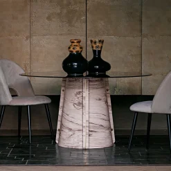 Tavolo da pranzo rotondo Elitra in marmo Palissandro marrone con piano in vetro fumé