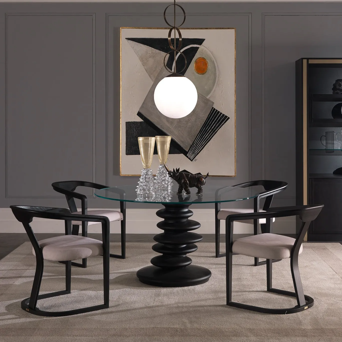 Tavolo da Pranzo Rotondo Ometto ED/20 349 con Piano in Vetro