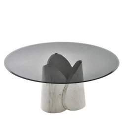 Tavolo da pranzo rotondo Petalo in marmo palissandro argento con piano in vetro fumé
