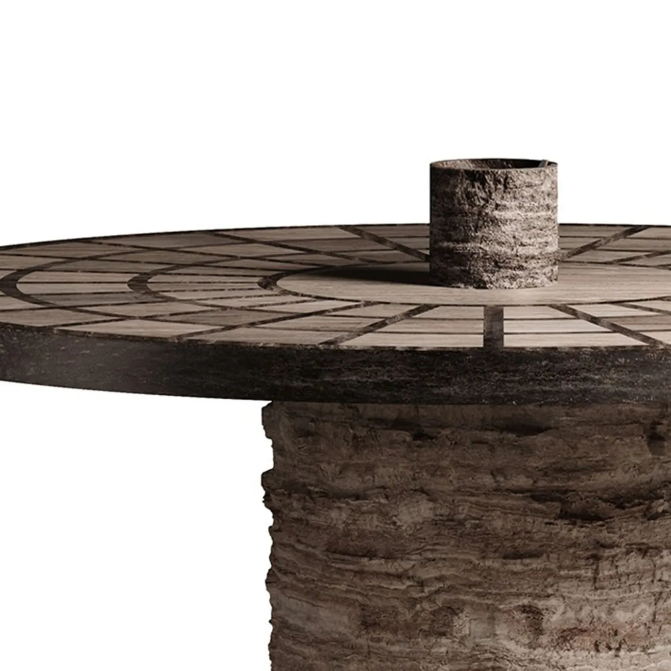 Tavolo da pranzo rotondo Tecton in travertino striato e Titanium con vaso integrato