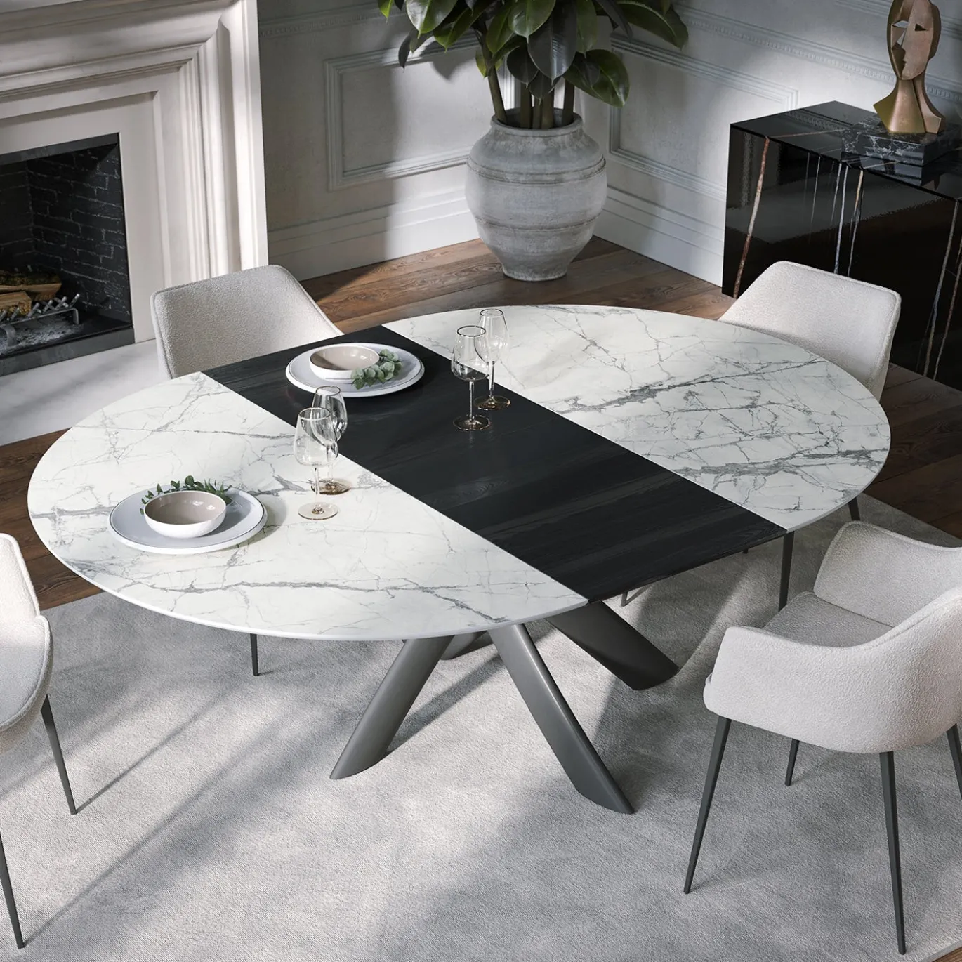 Tavolo da pranzo Style Round estensibile in ceramica bianca
