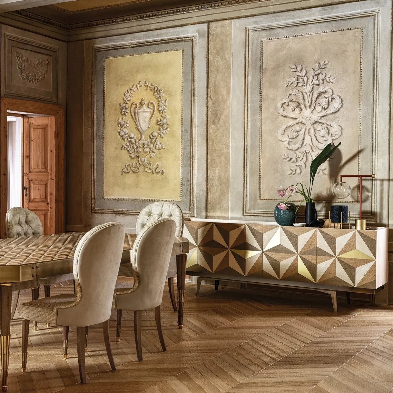 Tavolo da pranzo Tessella Light in legno intarsiato geometrico