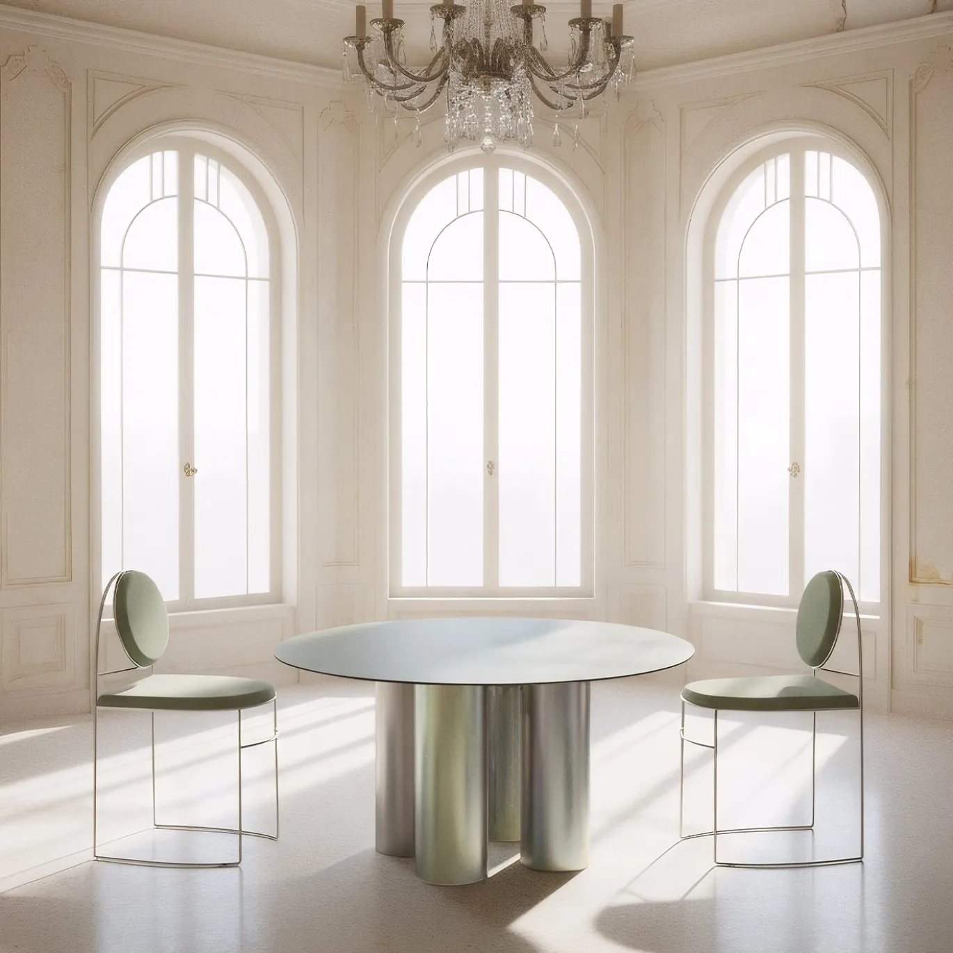 Tavolo da pranzo Tubone in acciaio con piano rotondo verde e base effetto arcobaleno