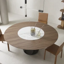 Tavolo da pranzo Tulipano in noce Canaletto e ceramica Calacatta