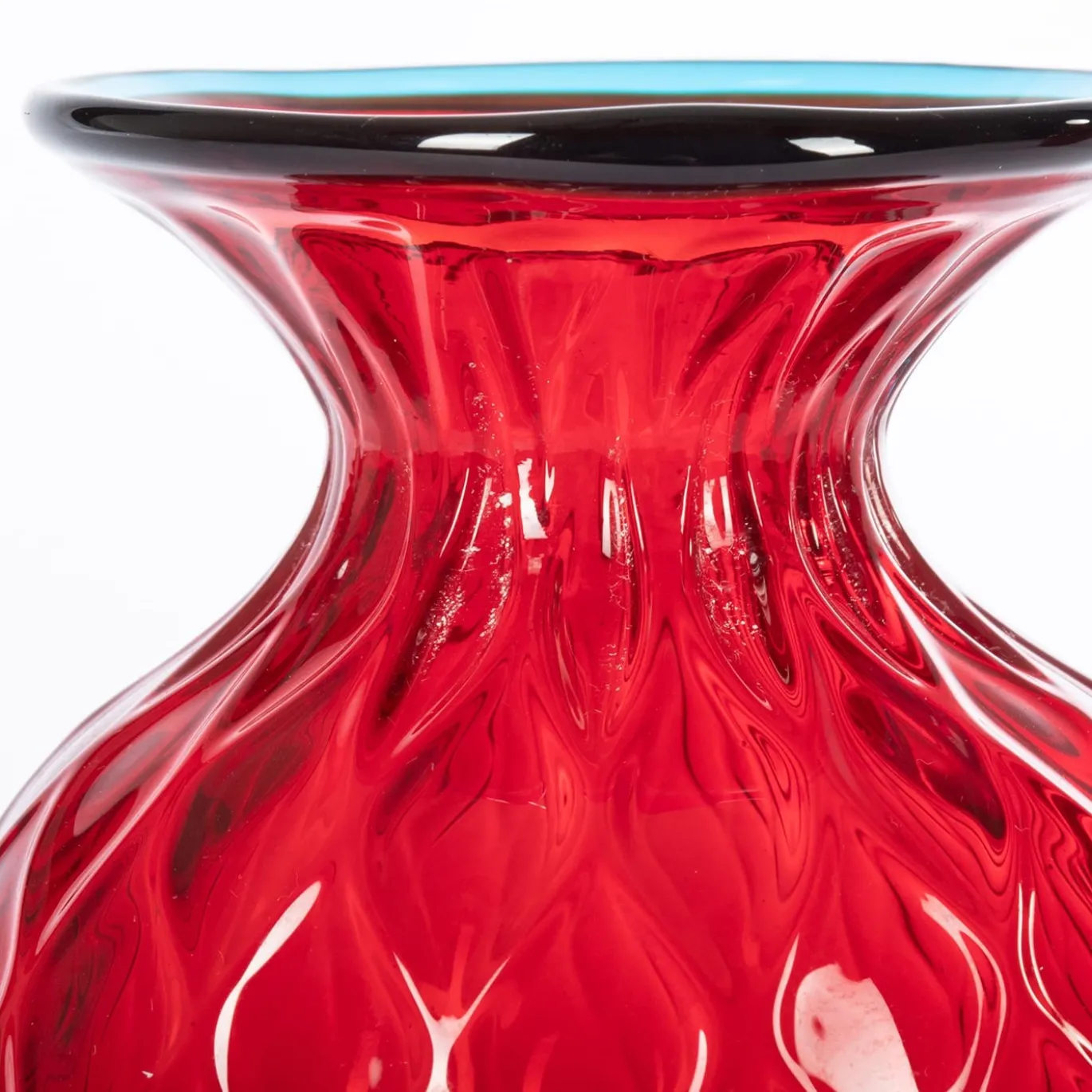 Vaso 1950 Balloton Grande Rosso con Bordo Azzurro in Vetro di Murano