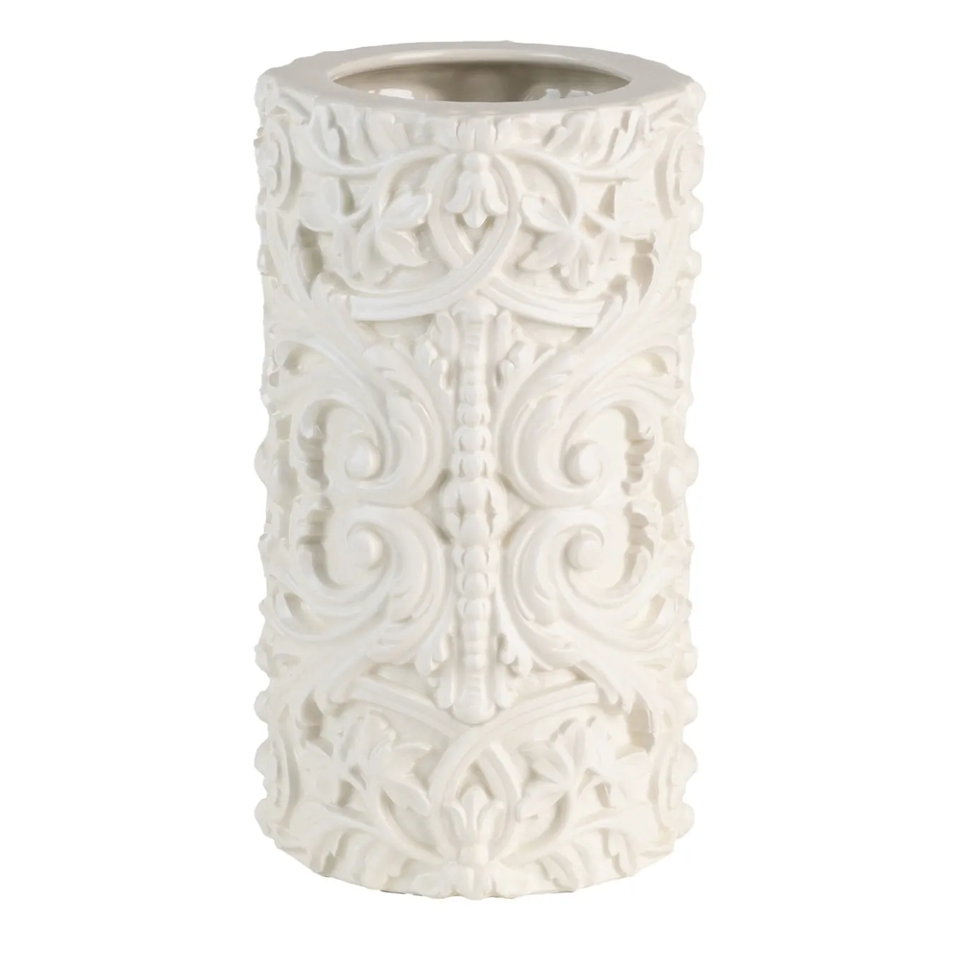 Vaso cilindrico barocco medio in ceramica bianca opaca