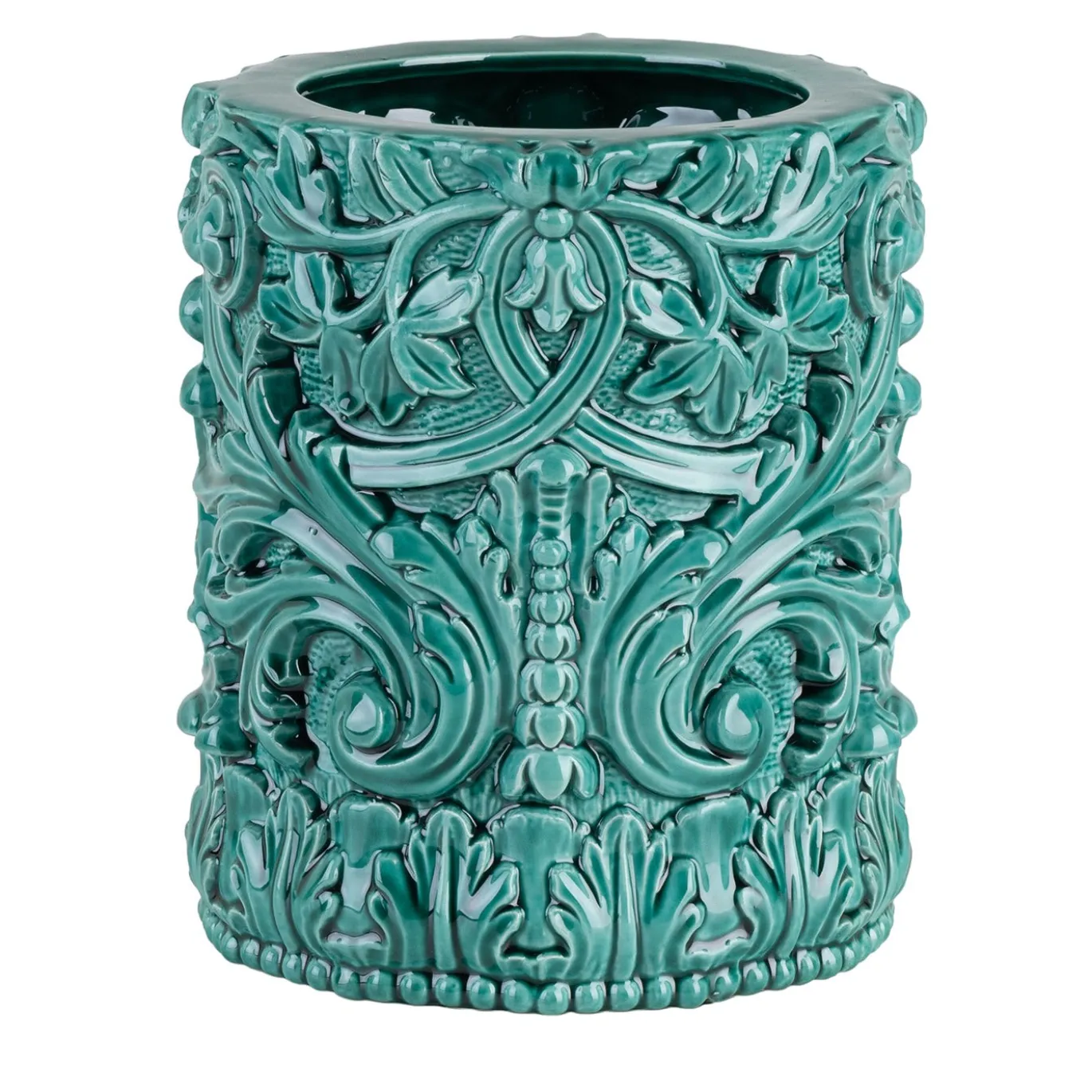 Vaso cilindrico barocco piccolo in ceramica verde ramina