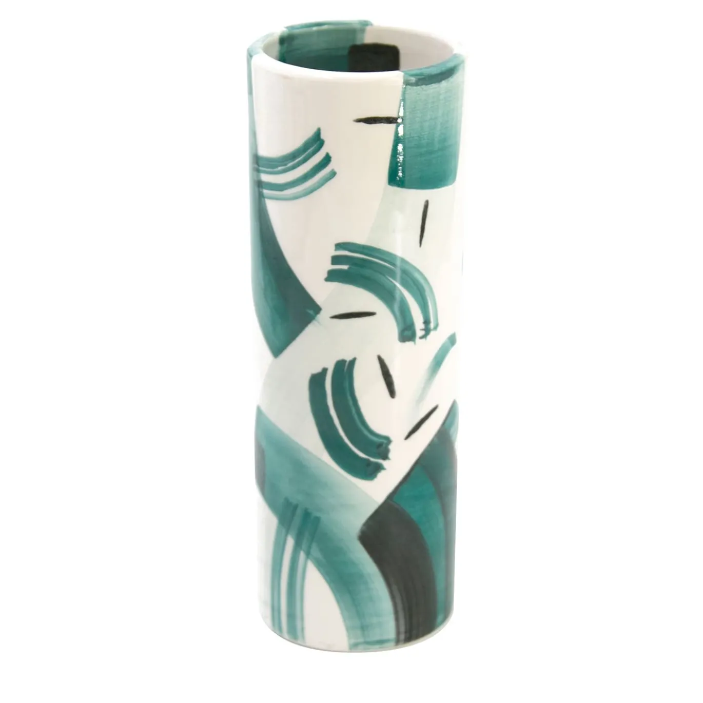 Vaso Cilindrico in Ceramica Teal e Bianco Agave Monolith