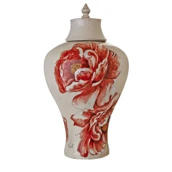 Vaso con coperchio Bonnie con decoro peonie rosse