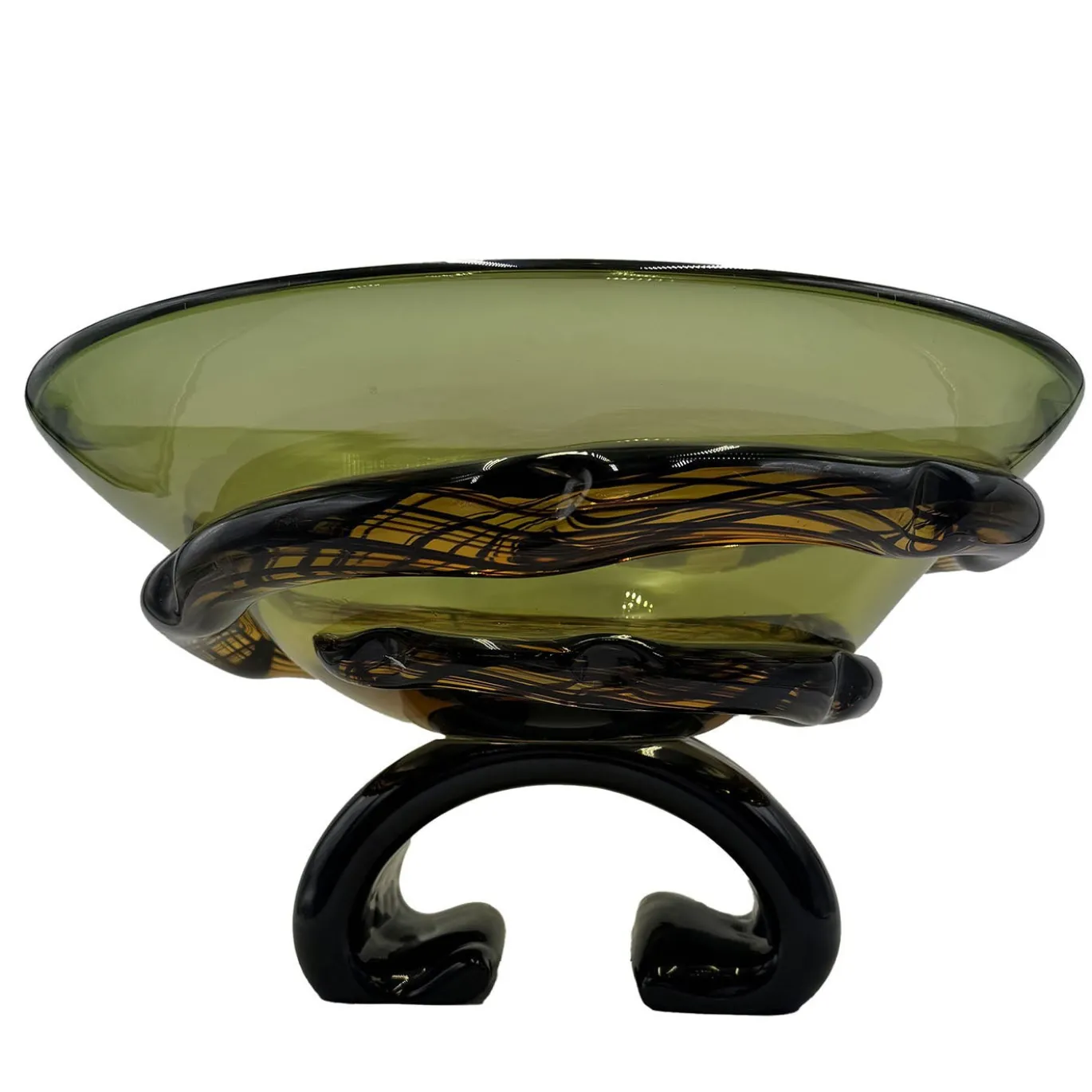 Vaso decorativo a coppa Torciglione in vetro di Murano verde e ambra