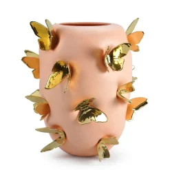 Vaso decorativo Alidoro con farfalle dorate in ceramica pesca