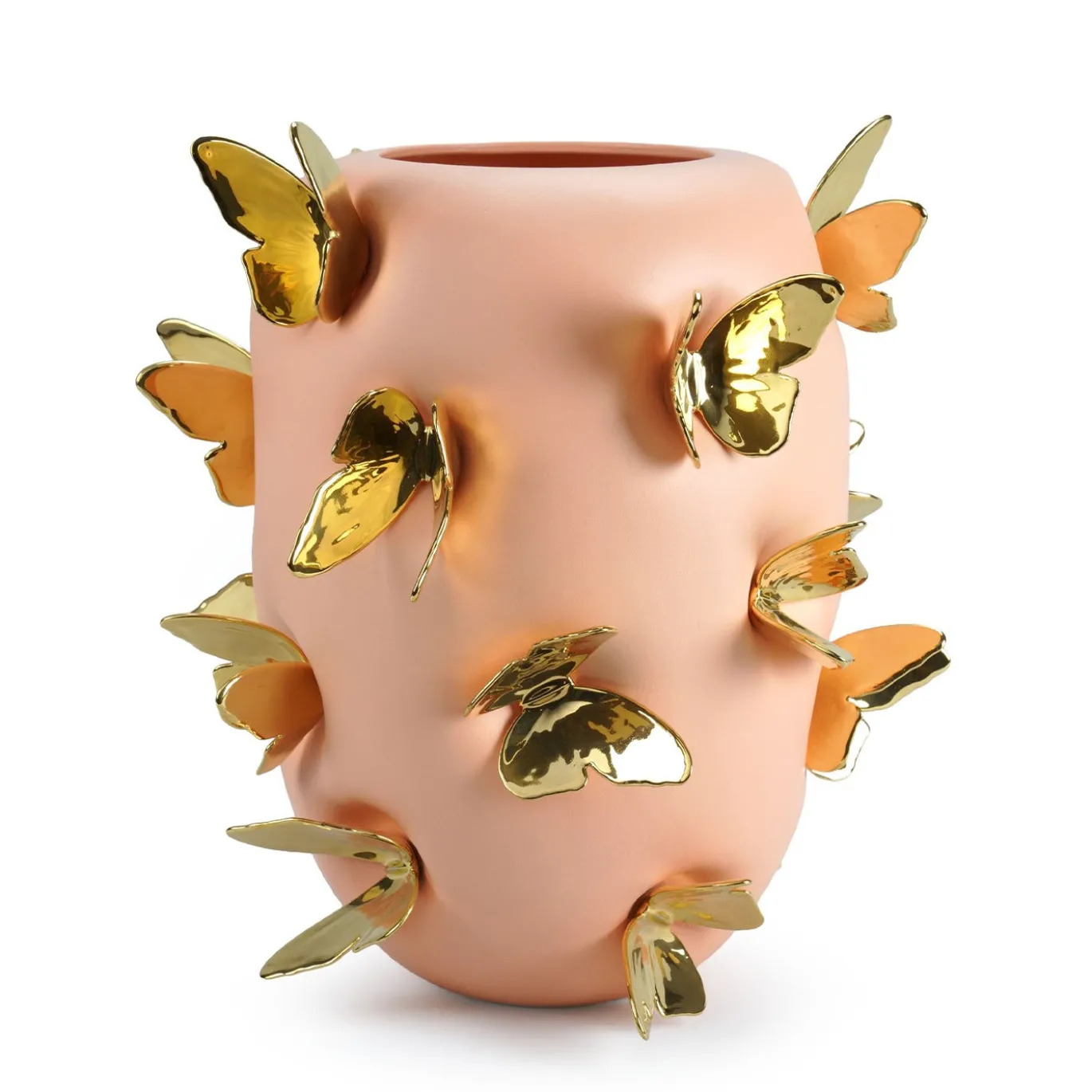 Vaso decorativo Alidoro con farfalle dorate in ceramica pesca