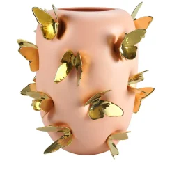 Vaso decorativo Alidoro con farfalle dorate in ceramica pesca