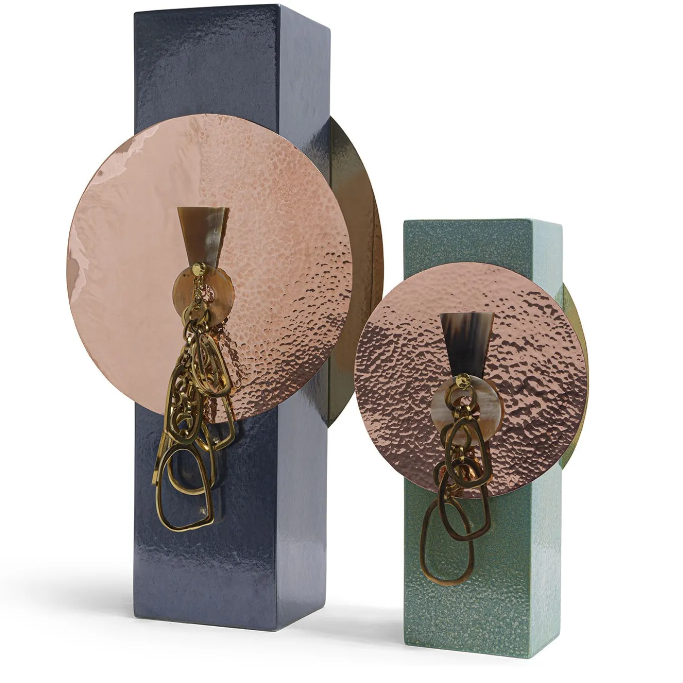 Vaso Decorativo Totem 1 in Ceramica Blu con Dettagli in Metallo