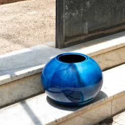 Vaso Geometrico Sfera in Ceramica Blu Antico