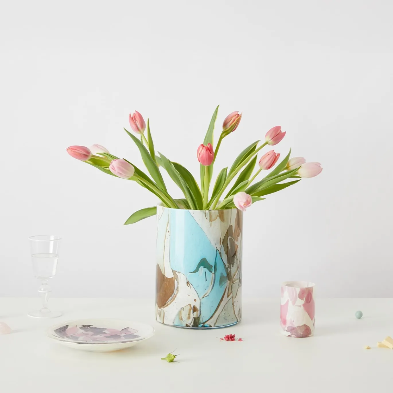 Vaso Grande in Vetro di Murano Acquamarina con Tecnica Nougat