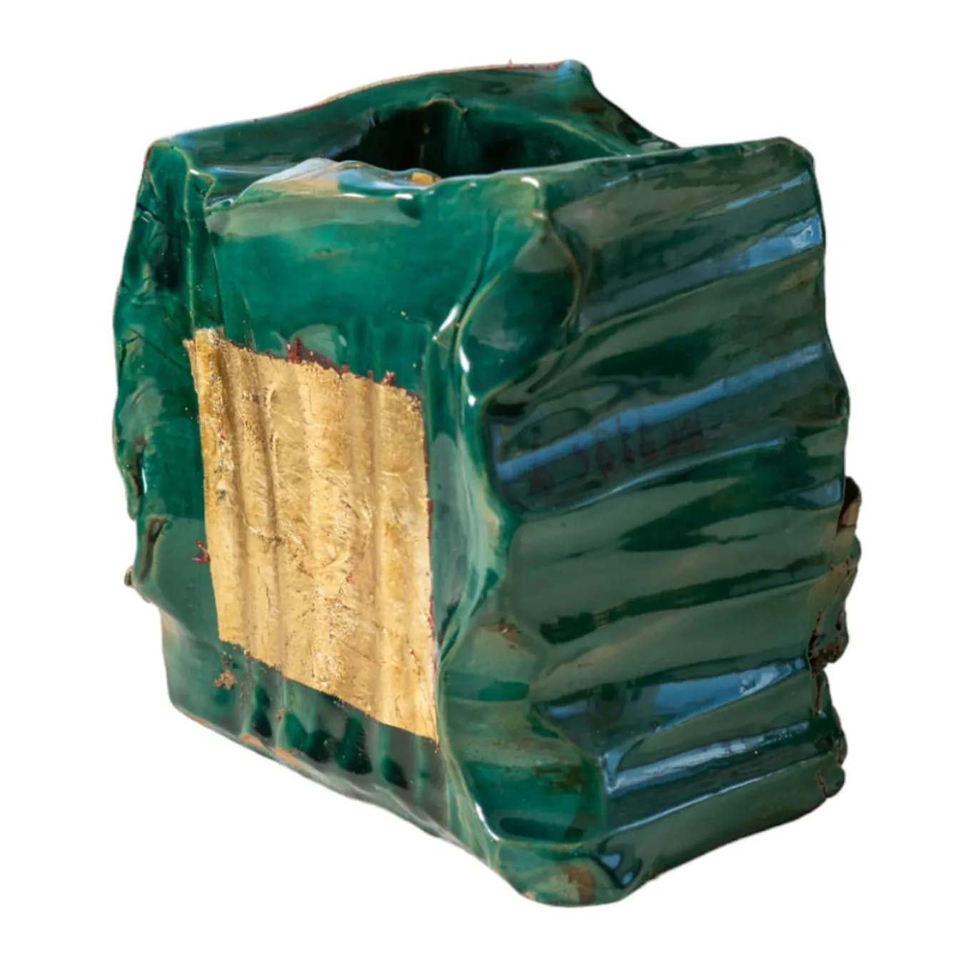 Vaso in ceramica Al Vento Verdigris e foglie d'oro