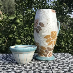 Vaso in Ceramica Beige Peace&Love con Coperchio e Motivo Floreale