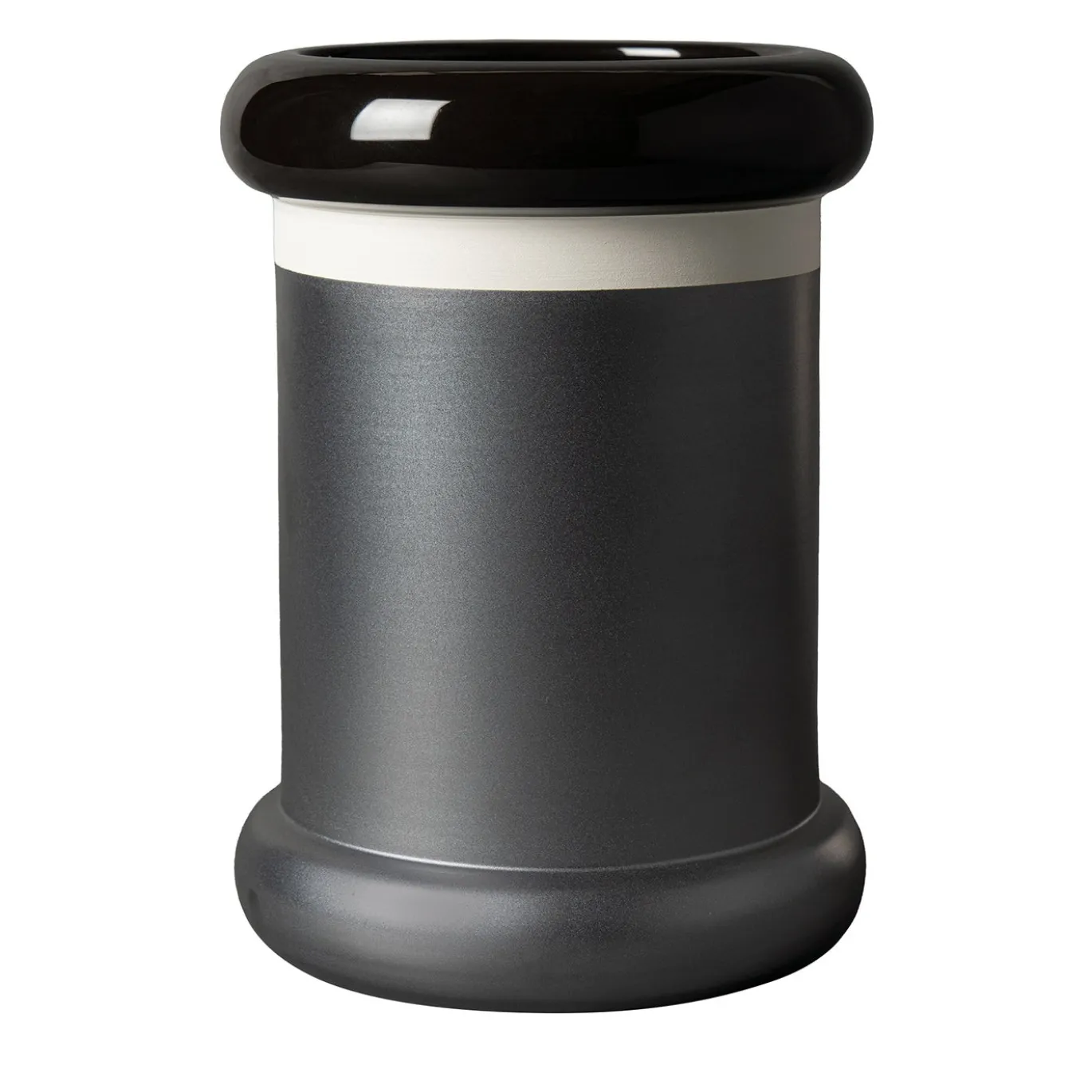 Vaso in ceramica cilindrico grigio e nero di Ettore Sottsass