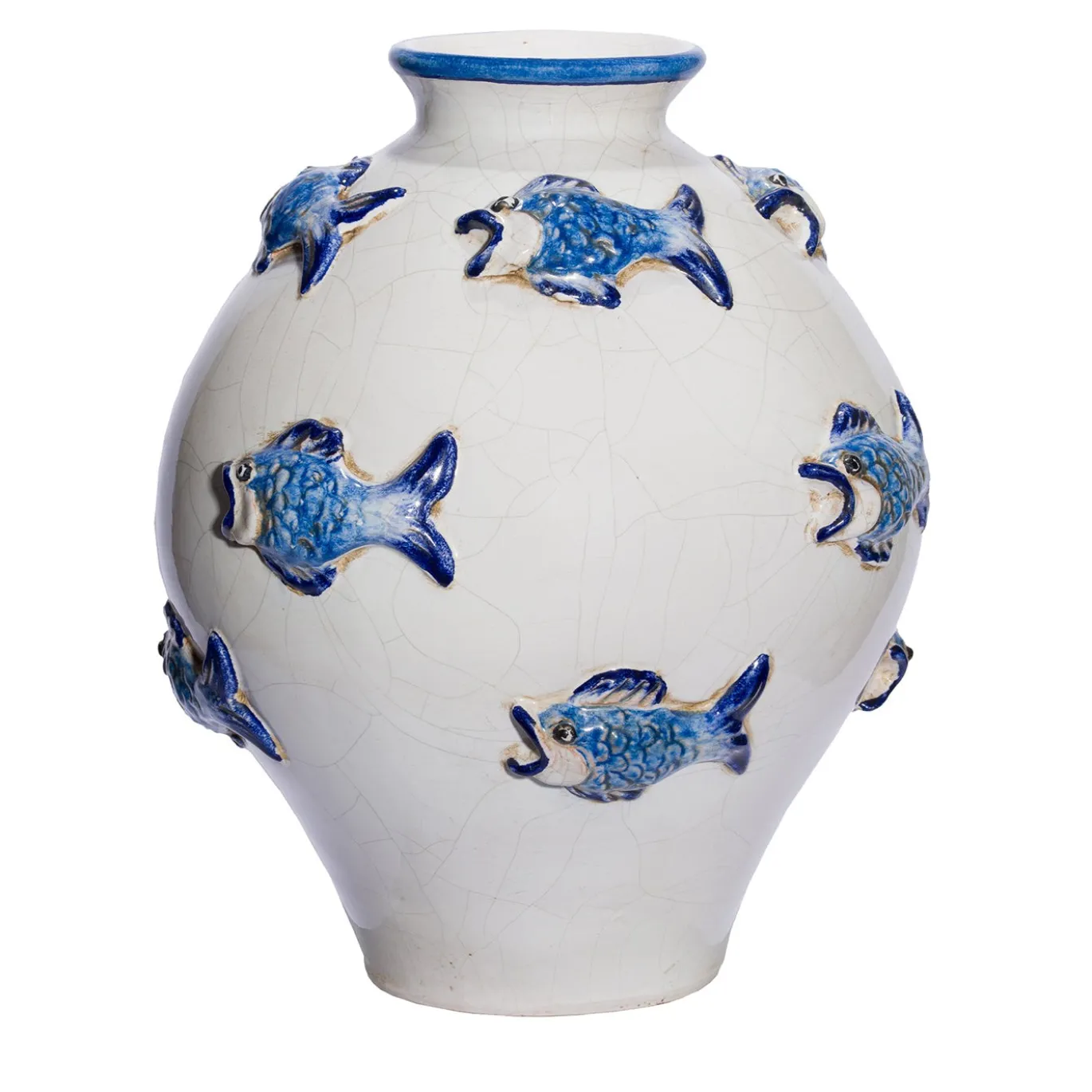 Vaso in ceramica con pesci blu in rilievo