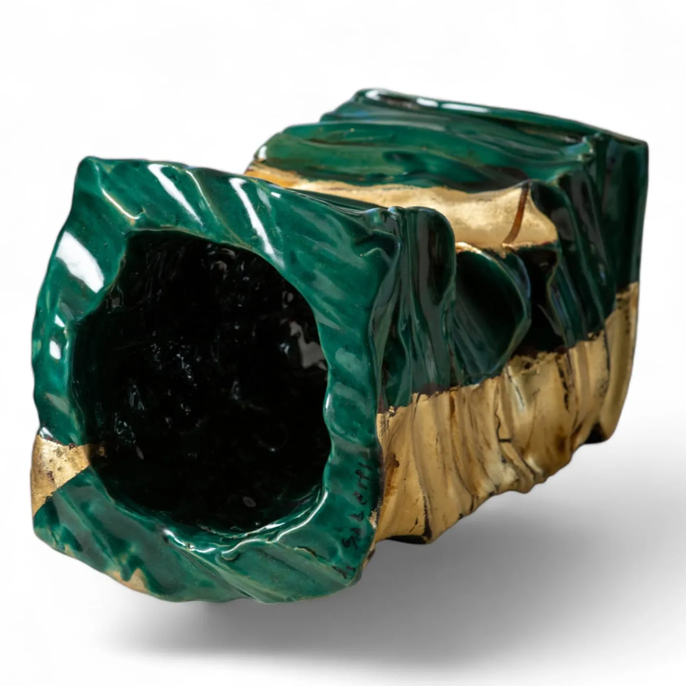 Vaso in ceramica Piegarmi Mai Vorrei Verdigris e foglie d'oro