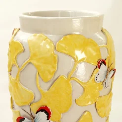 Vaso In Ceramica Policroma Ginkgo Farfalle