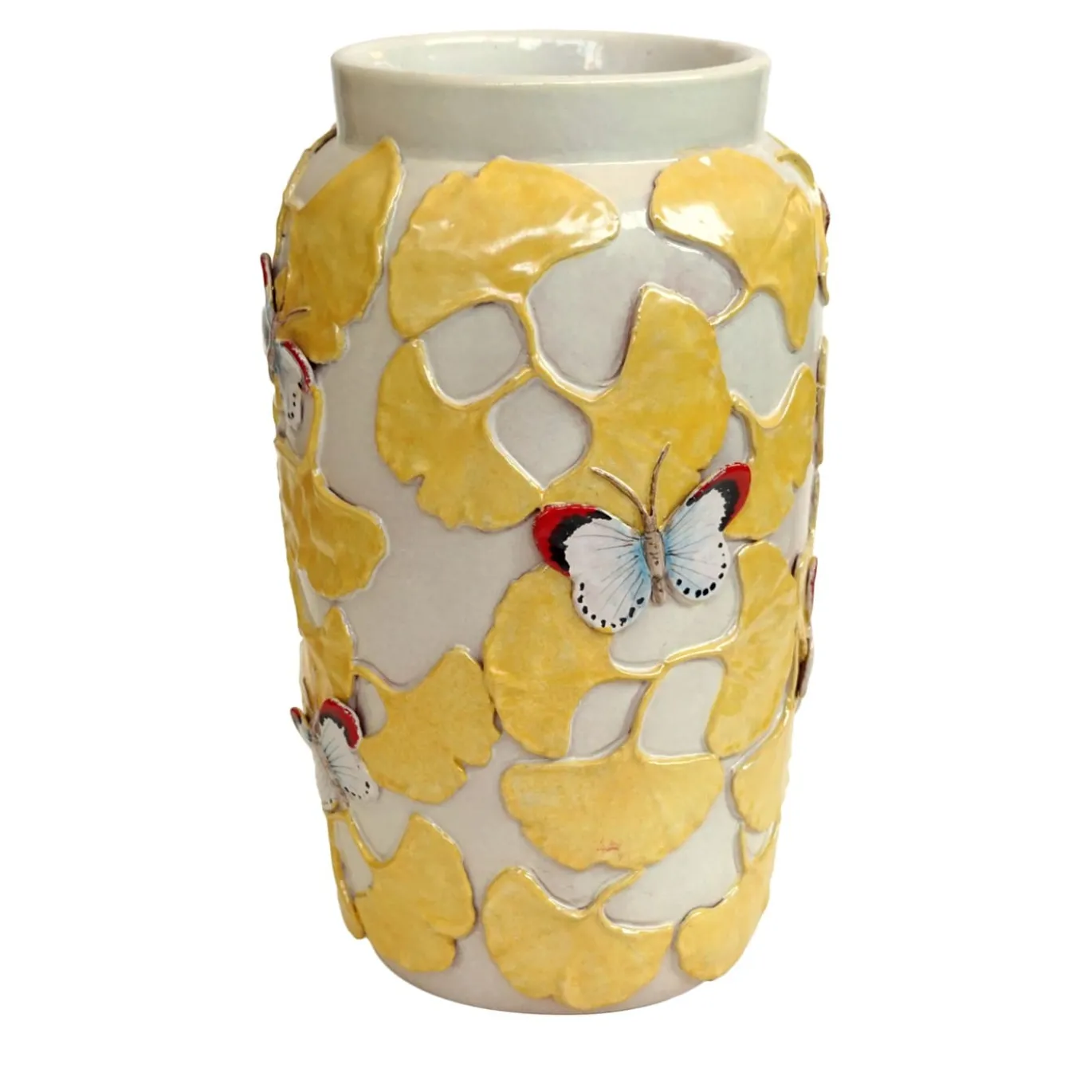 Vaso In Ceramica Policroma Ginkgo Farfalle