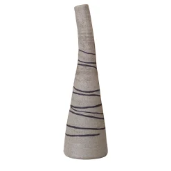Vaso in gres grigio sabbia testurizzato a forma di bottiglia tronca con intarsi