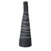 Vaso in gres nero carbone testurizzato a forma di bottiglia tronca con intarsi