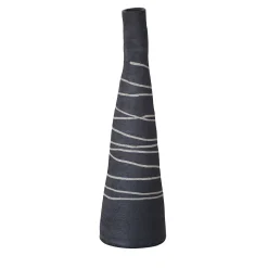 Vaso in gres nero carbone testurizzato a forma di bottiglia tronca con intarsi