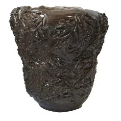 Vaso intagliato Radici 2 in ceramica smaltata grigia e marrone