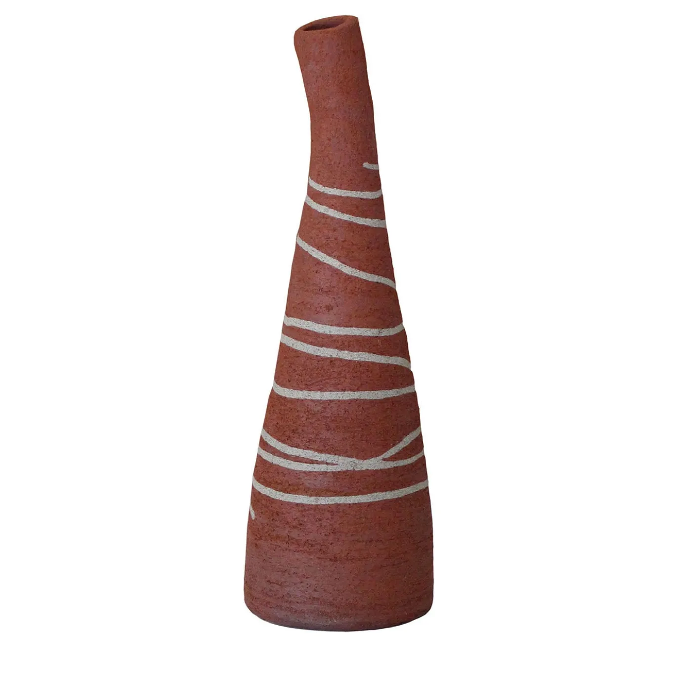 Vaso in terracotta rossa lavica a forma di bottiglia tronca con intarsi