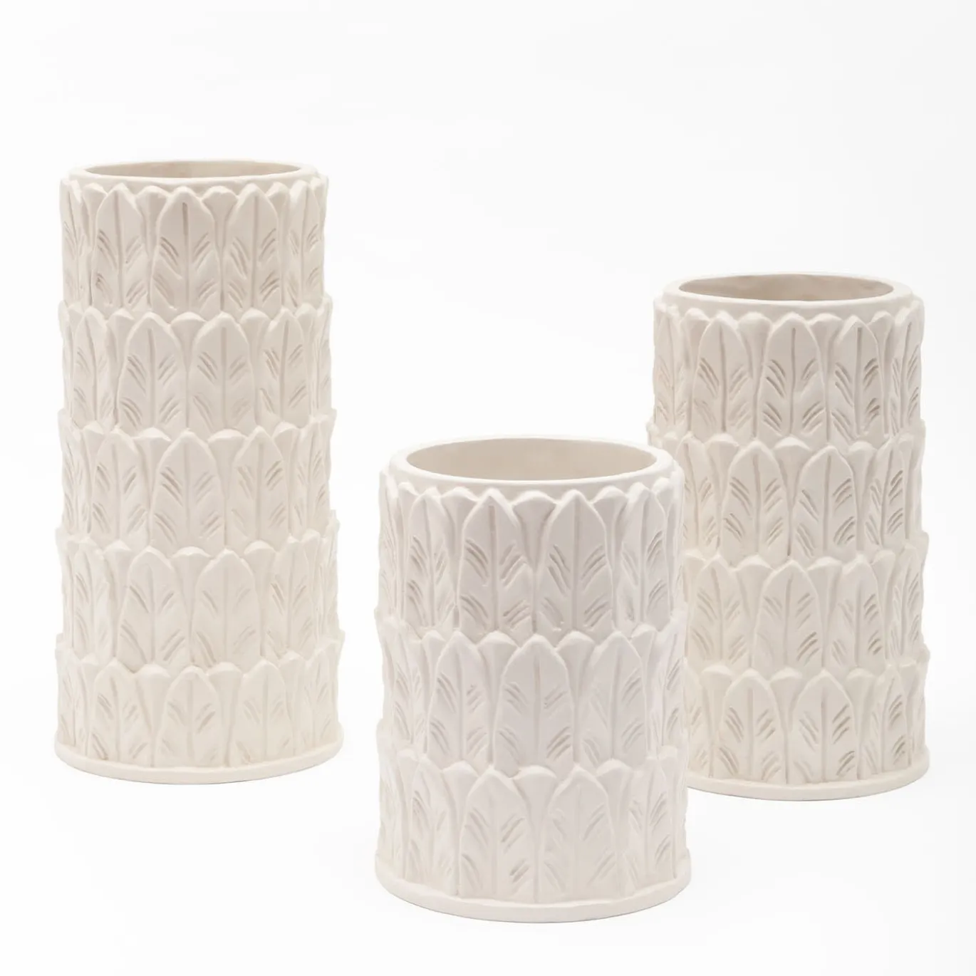 Vaso medio in gres bianco con motivo a foglie Anne