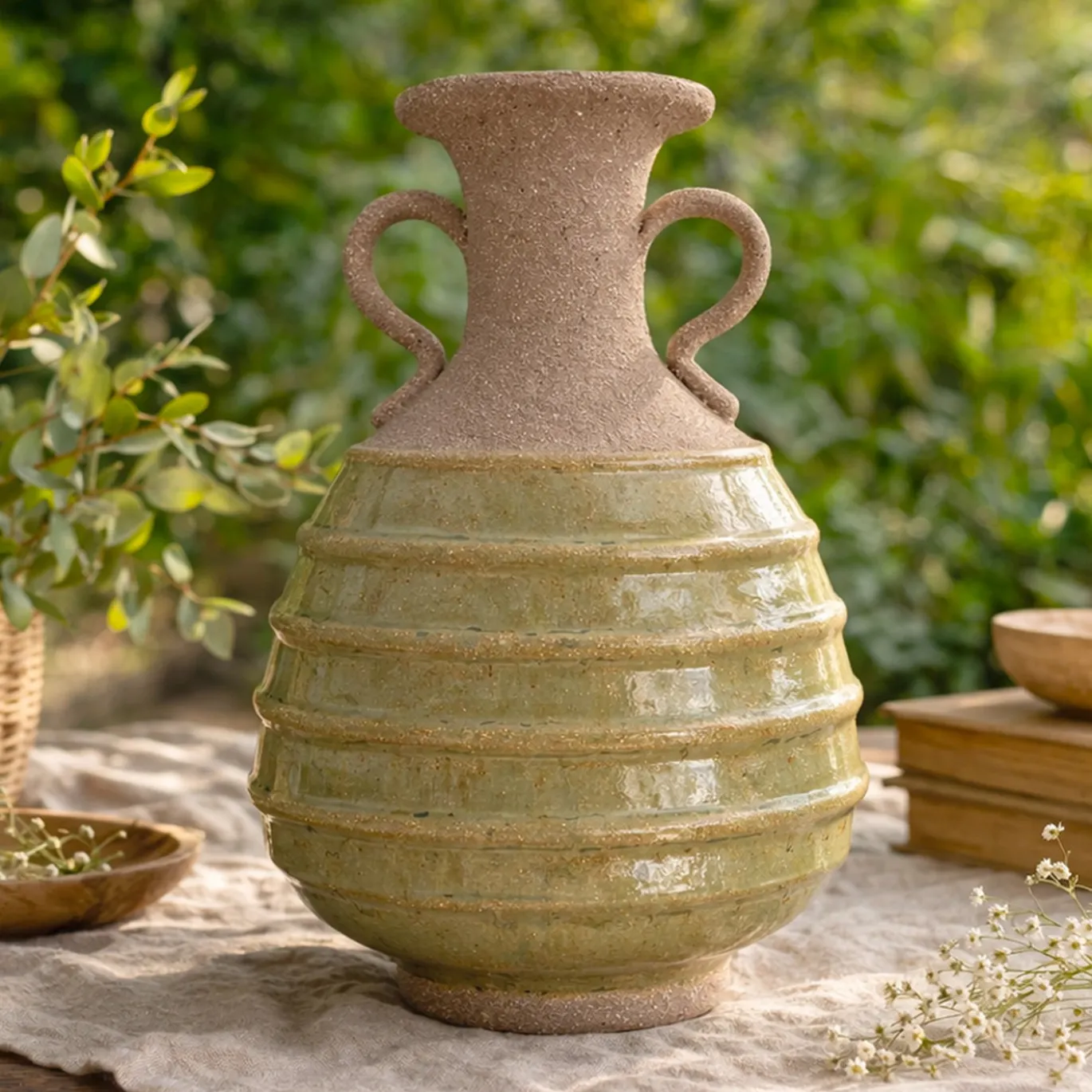 Vaso n. 165 Anfora Beige con smalto verde