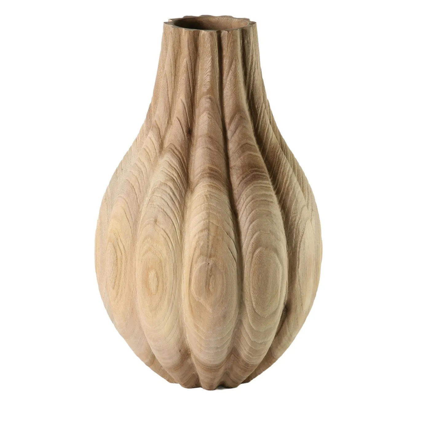 Vaso scultoreo alto in legno di olmo con scanalature a V