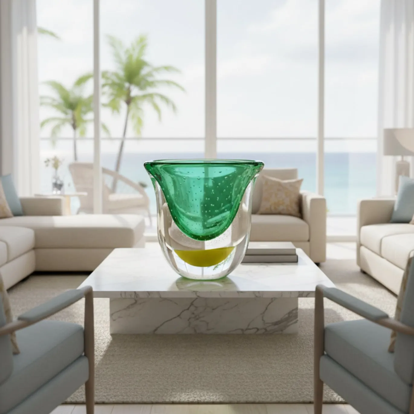 Vaso scultoreo in vetro di Murano verde e giallo Gran Sommerso