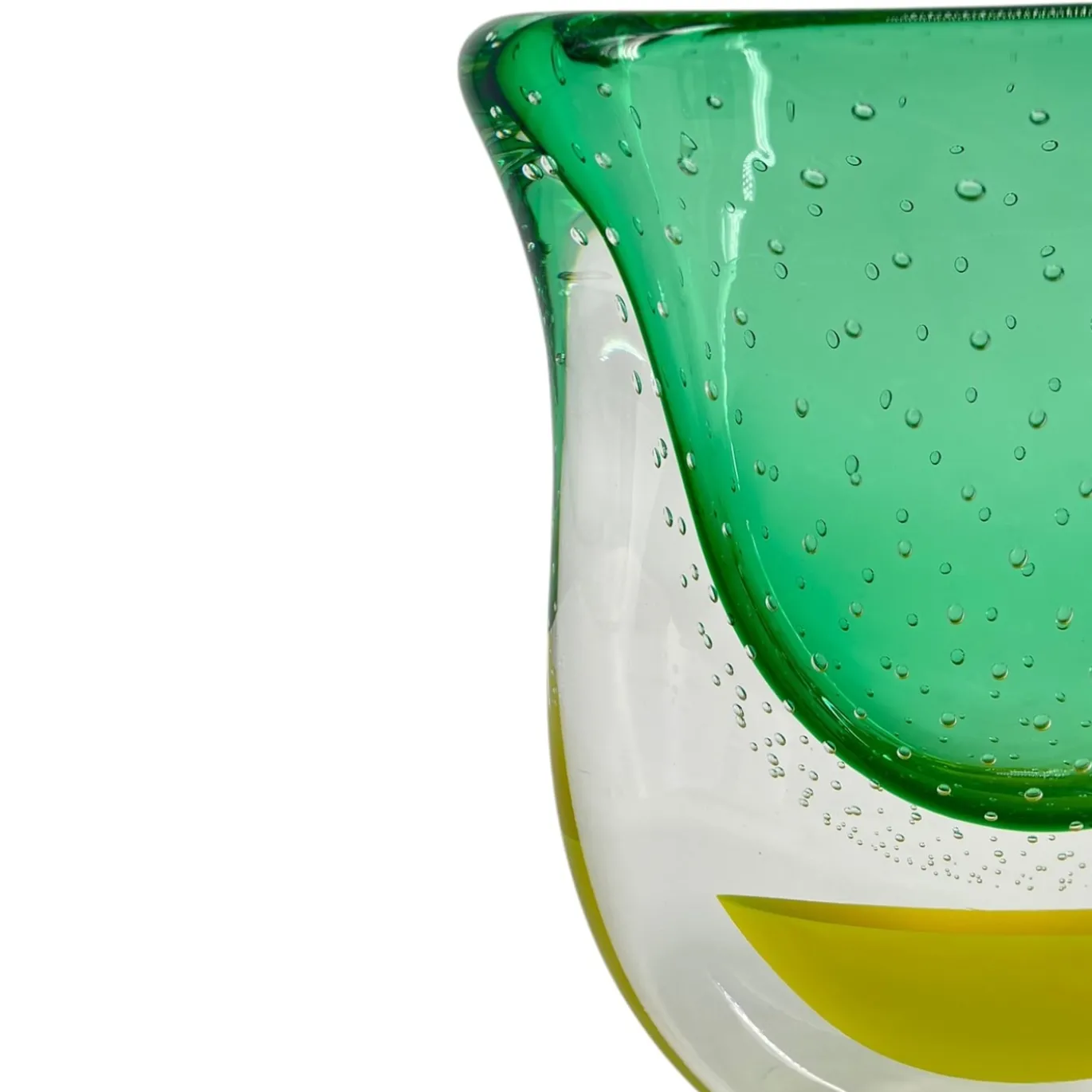 Vaso scultoreo in vetro di Murano verde e giallo Gran Sommerso