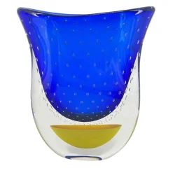 Vaso scultoreo in vetro di Murano Gran Sommerso blu e giallo