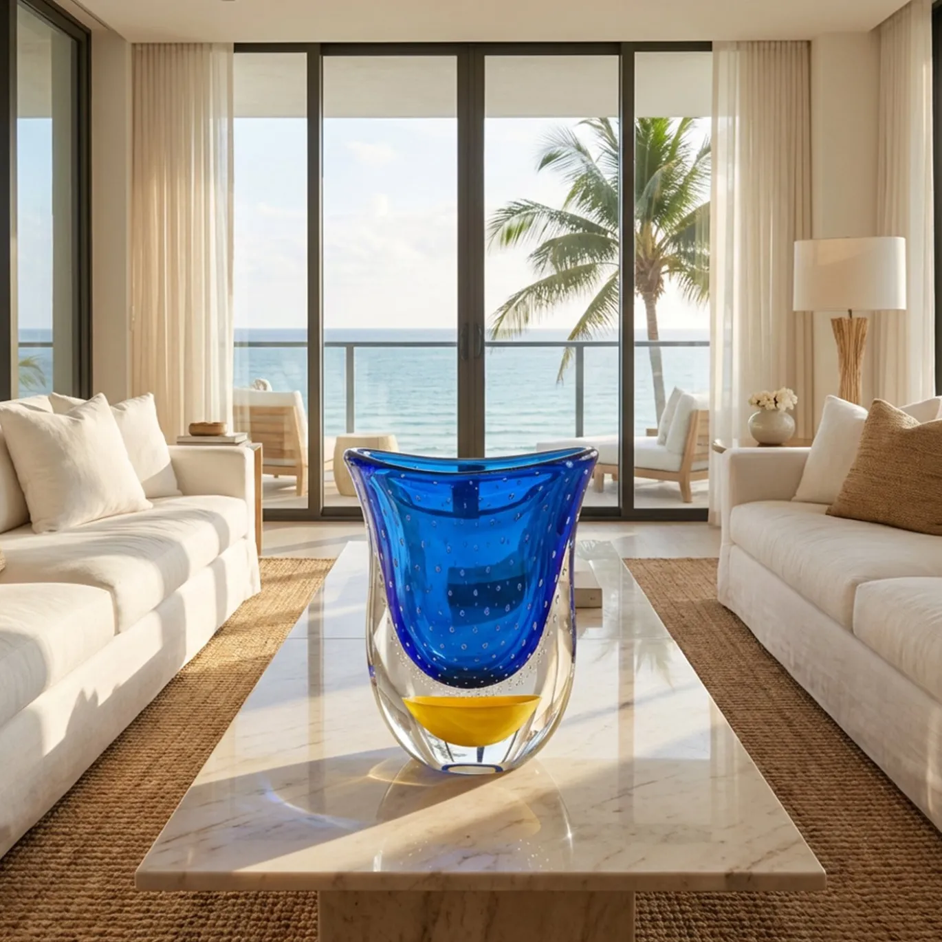 Vaso scultoreo in vetro di Murano Gran Sommerso blu e giallo